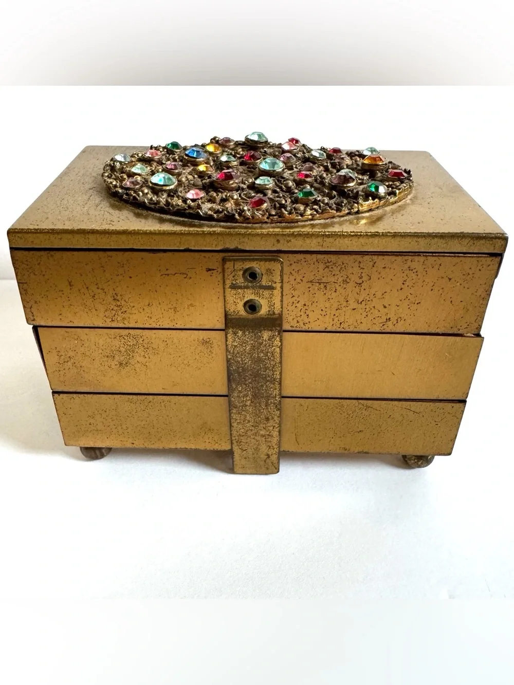 Vtg Brass Accordion Cantilever Jewelry Box Jeweled Rhinestone Hollywood Regency